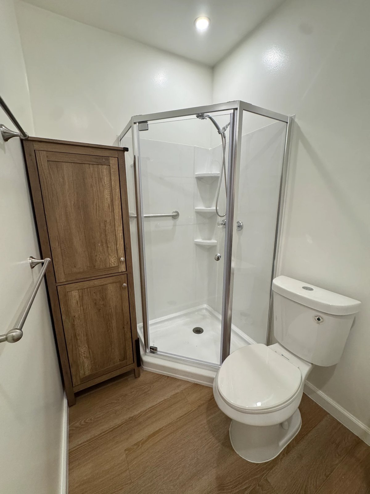 Bathroom with a glass shower enclosure and wood flooring